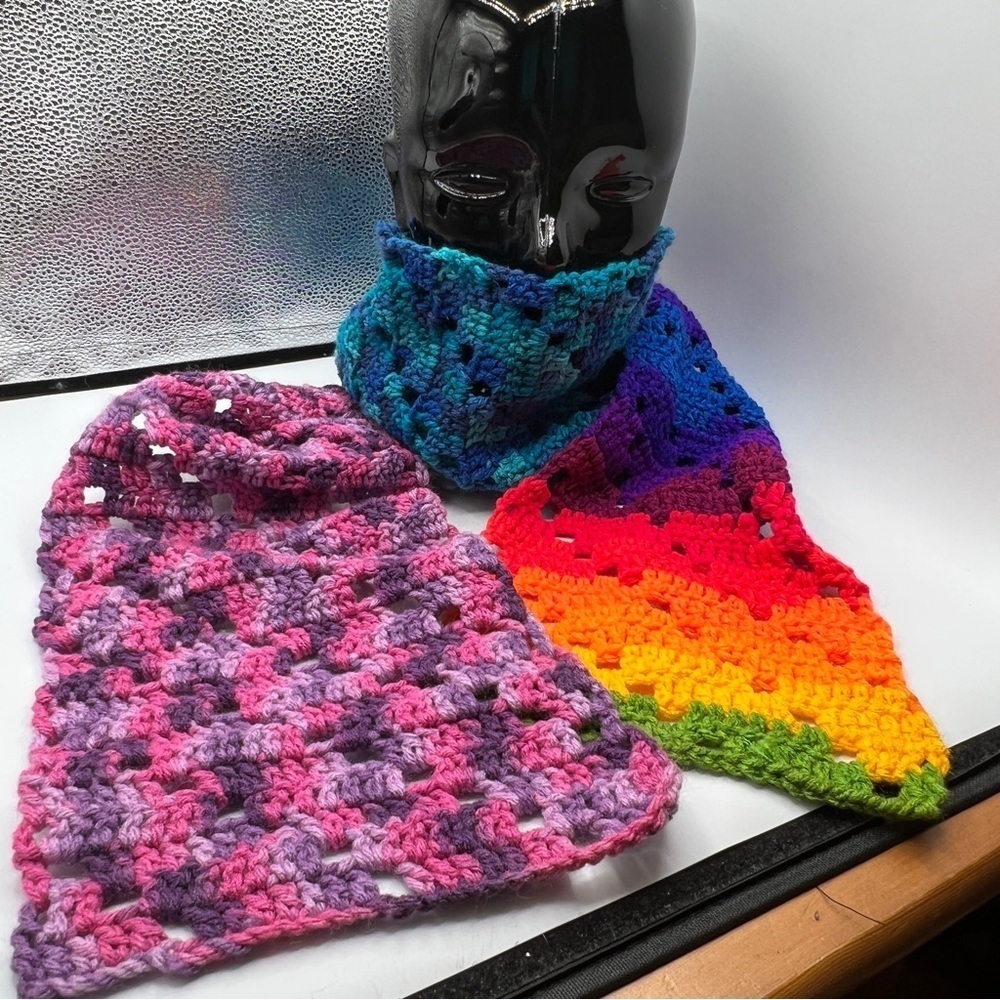 Mixed media multicolor rainbow crochet knit long wrap winter casual scarf.